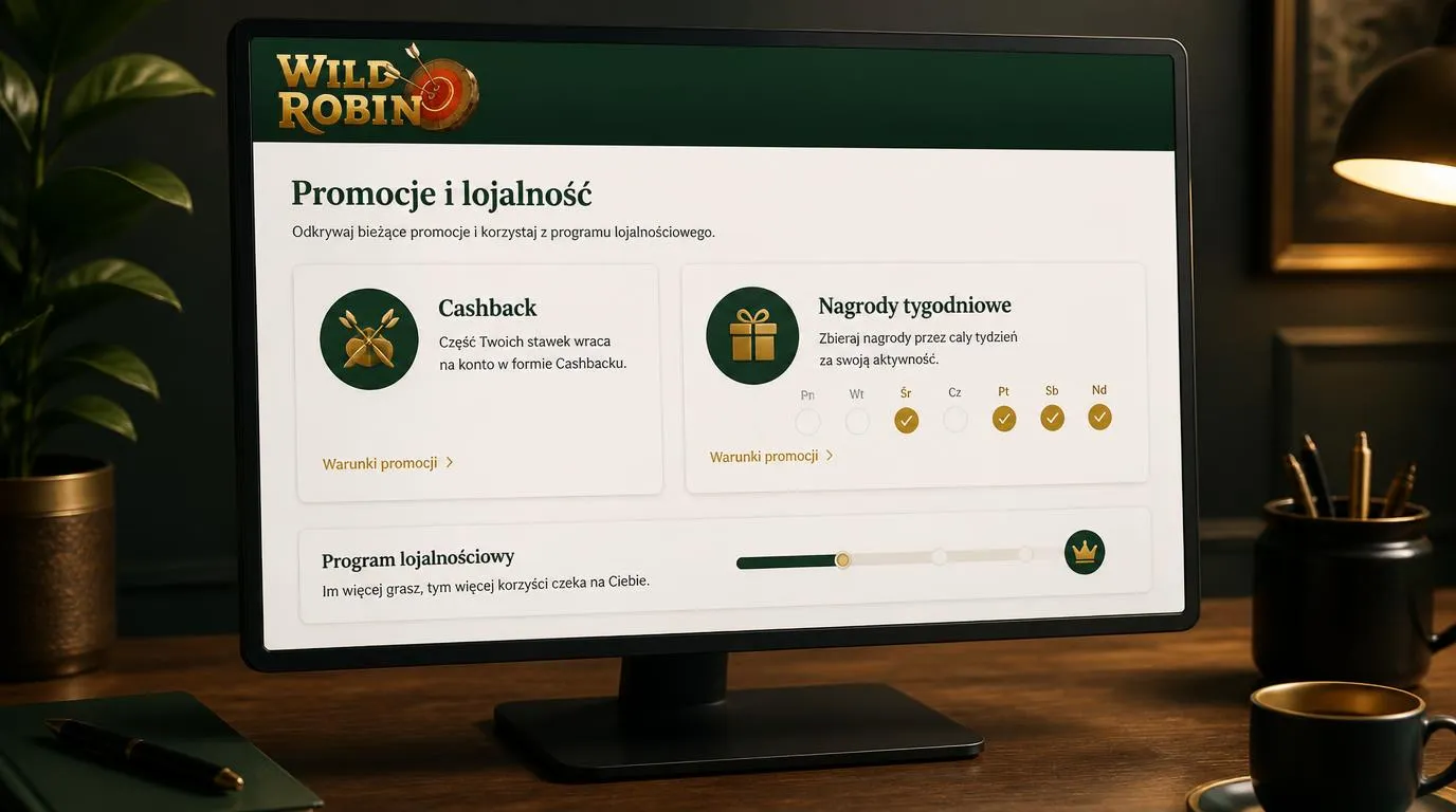 Panel promocji kasyna z kartami cashbacku, cotygodniowych nagród i kalendarzem ofert