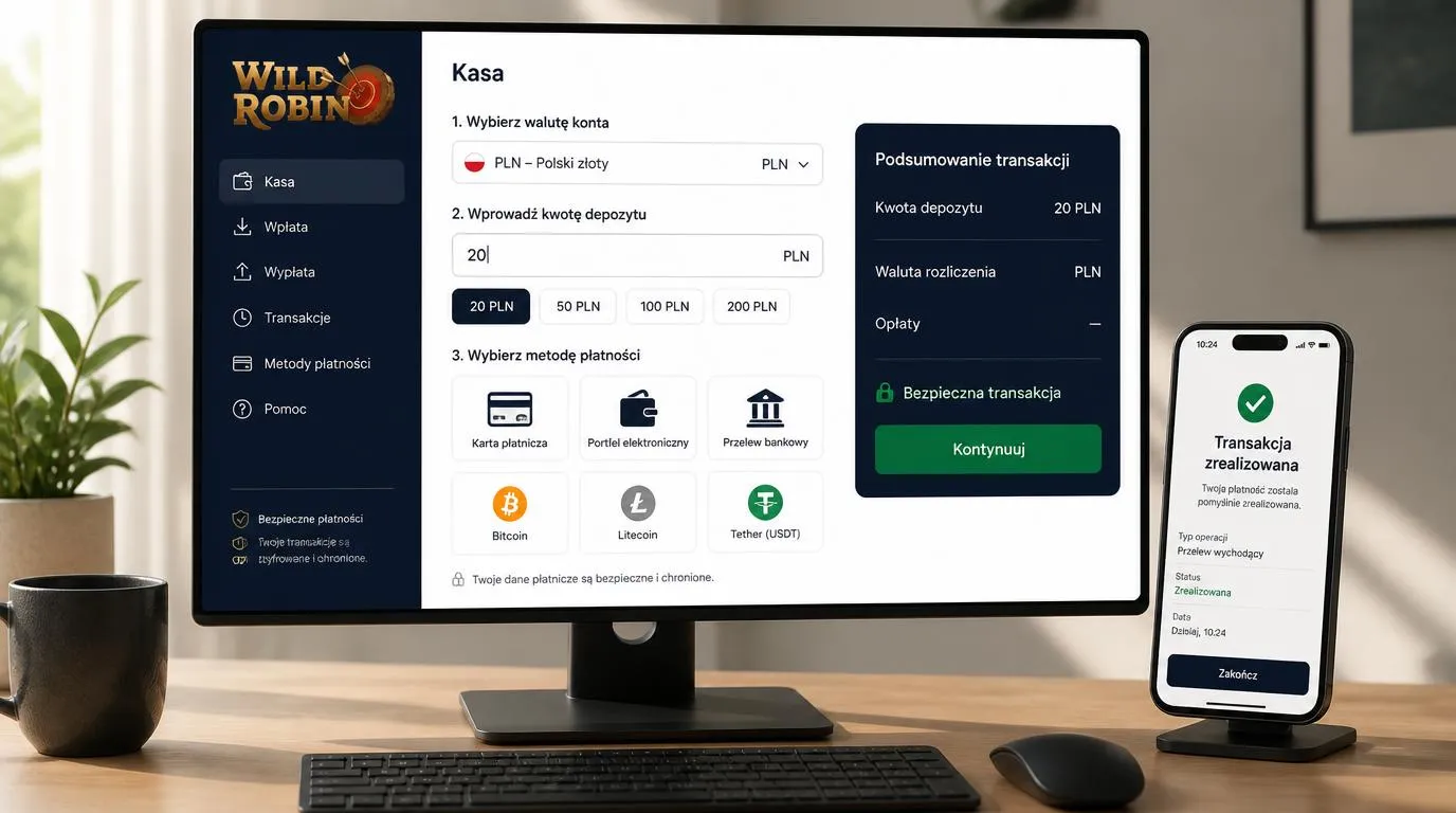 Panel kasjera z kontem w PLN, wyborem karty, portfela elektronicznego, przelewu i kryptowalut